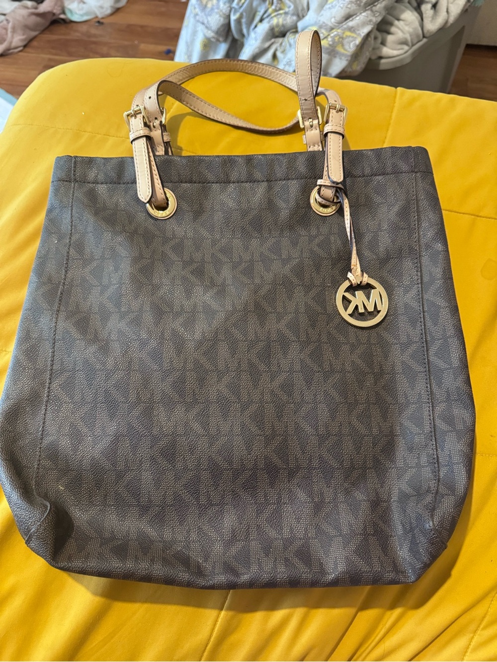Michael Kors Gray MK Logo Tote with Gold Accents